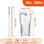 20oz Glass Tumblers with Lids and Straws - Stylish Vintage Ribbed Design for Iced Coffee, Juice, Smoothies, Milkshakes, Cold Beverages & Whiskey Cocktail Beer - Includes Cleaning Brush (2pack-Frosted)