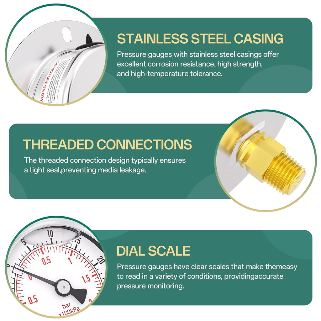 -30inHG-30PSI Panel Mount Front Flanged Glycerin Filled Pressure Gauge, 2.5" Dial Size, 1/4" MNPT Back Mount, Stainless Steel Case, with Phillips Screw and Nut, for Water, Gas, Liquid