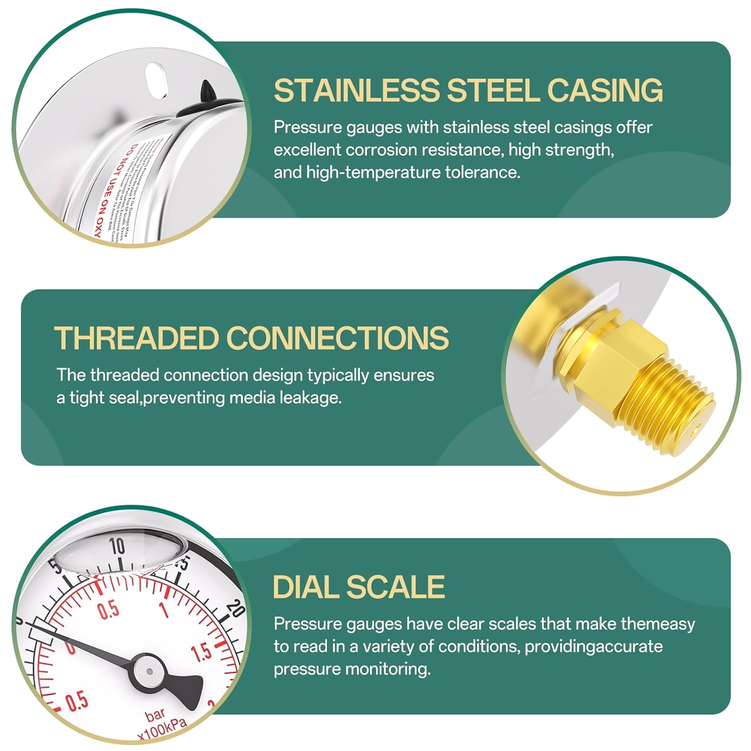 -30inHG-30PSI Panel Mount Front Flanged Glycerin Filled Pressure Gauge, 2.5" Dial Size, 1/4" MNPT Back Mount, Stainless Steel Case, with Phillips Screw and Nut, for Water, Gas, Liquid