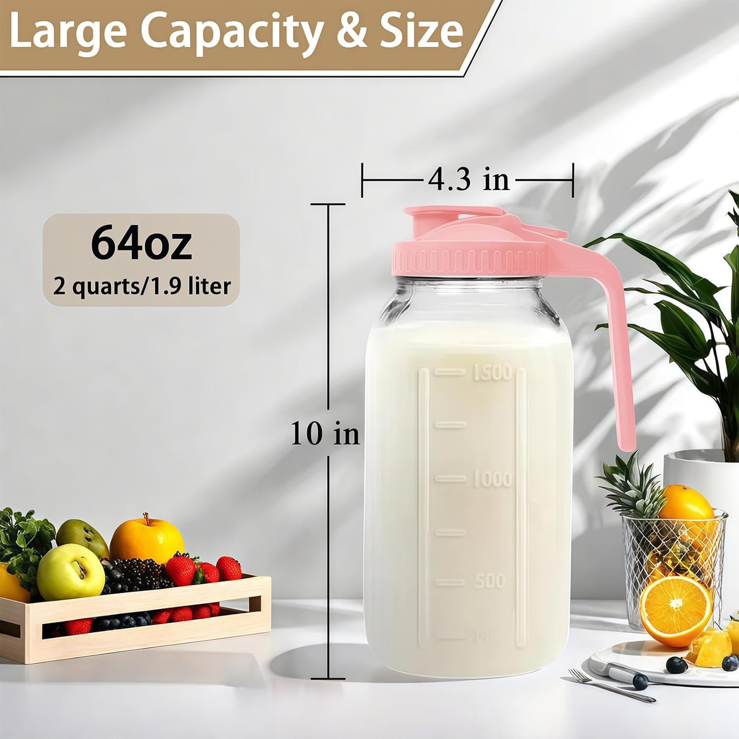 64oz Glass Pitcher with Handle and Lid, 2 Quart Mason Jar Pitcher - Airtight & Leakproof Water Jug with Pour Spout Lid, Glass Containers for Fridge, Perfect for Juice, Cold Brew, Iced & Sun Tea