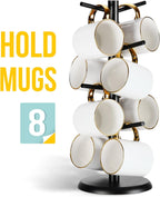 Lorbro Coffee Mug Tree with 8 Hooks, Mug Tree Stand, Wooden Coffee Cup Holder, Countertop Mug Tree, Mug Stand Kitchen Organizer, Cafe Accessories Decor & Kitchen Organizer Storage Stand (Black)