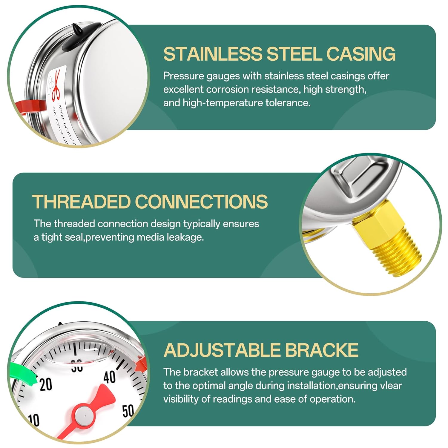 0-60psi Stainless Steel Glycerin Liquid Filled Pressure Gauge1/8 NPT 1.5" Dial, Lower Mount Designed for Pressure Testing of Water, Oil and Air (with Range Mark Pointer)