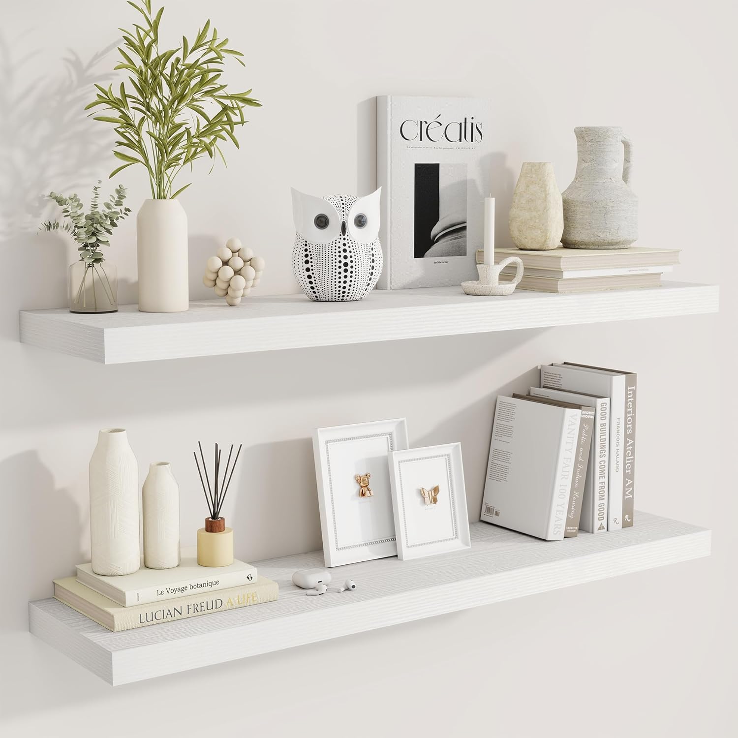 Fun Memories 40" Rustic Wood Floating Shelves with Invisible Brackets for Storage & Decor, Deep Wall Mounted Shelves for Bathroom, Kitchen, Living Room (White, Set of 2)