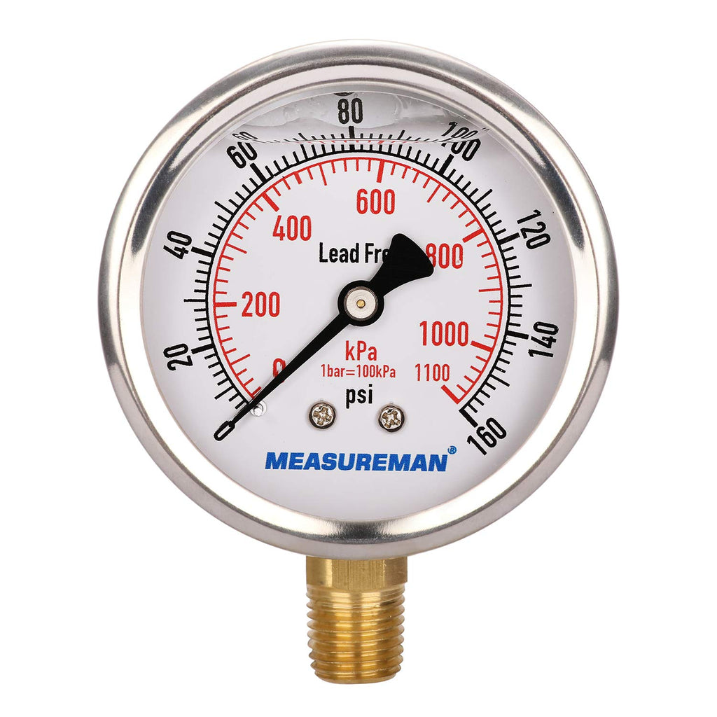 MEASUREMAN Lead-Free Pressure Gauge, 2-1/2inch Dial, Glycerin Filled, 0-160psi/kpa, Stainless Steel Case, 1/4inchNPT Lower Mount