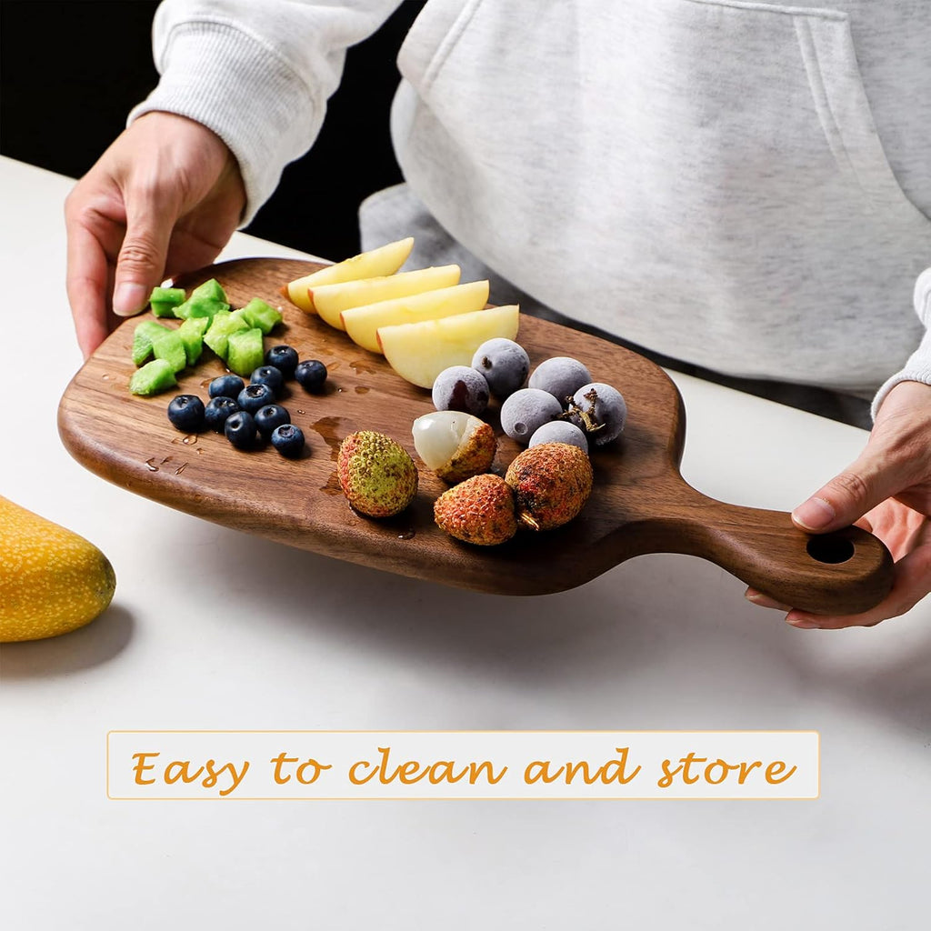 Muso Wood Small Cutting Board with Handle, Walnut Wooden Chopping Boards for Bread, Vegetables & Fruits, Dinner Cheese Board with Hole(15.2x7.3 Inches)