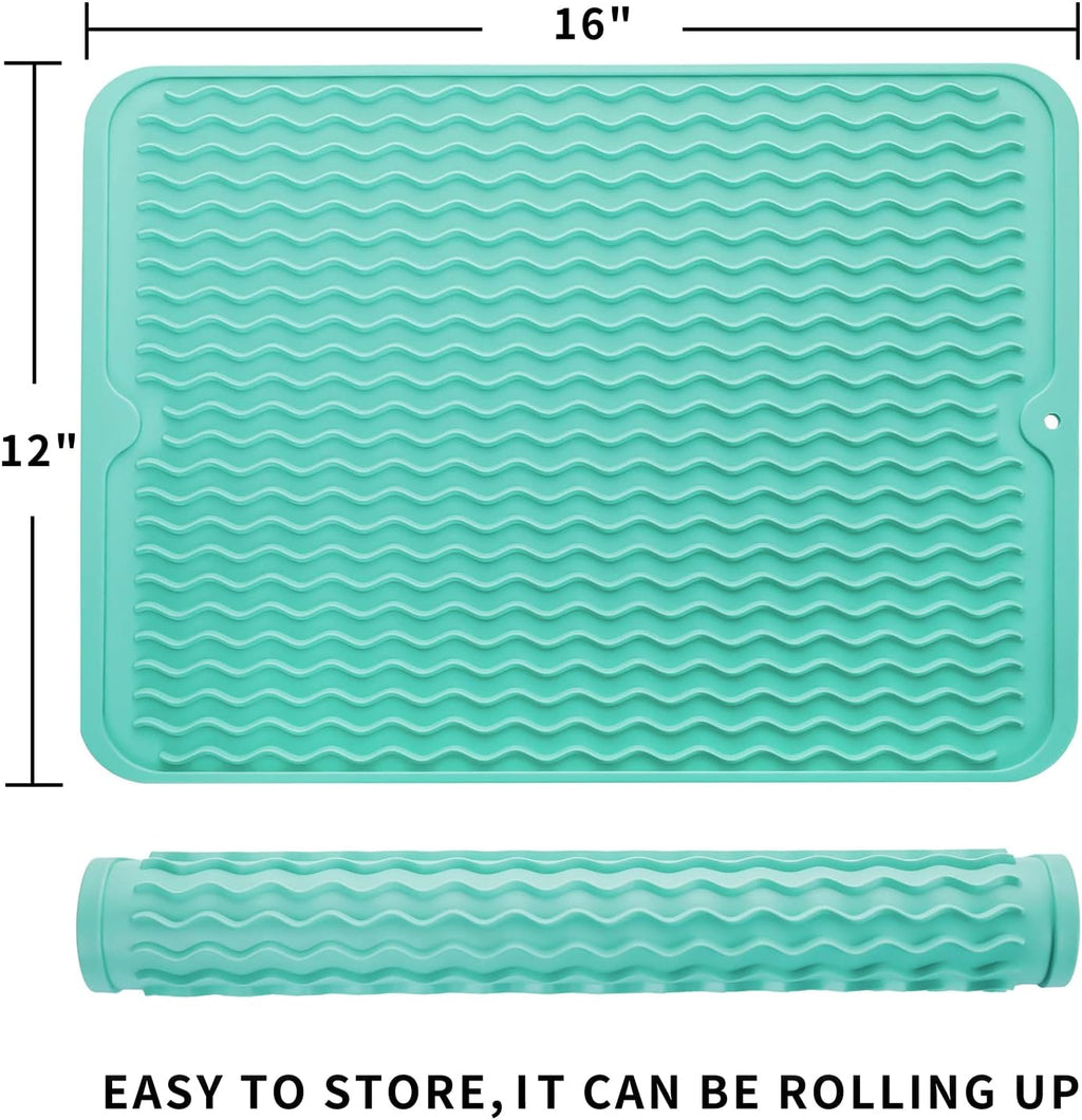 Silicone Dish Drying Mat for Multiple Usage,Easy clean,Eco-friendly,Heat-resistant Silicone Mat for Kitchen Counter or Sink,Refrigerator or drawer liner Mint L 16 inches x 12 inches