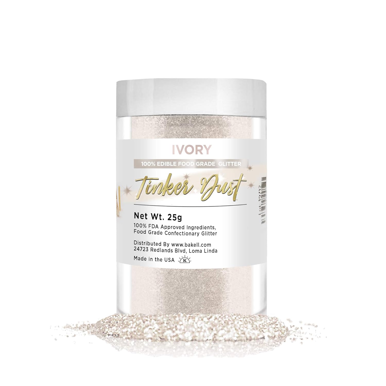 BAKELL Ivory Edible Glitter, 25 Grams | TINKER DUST Edible Glitter | KOSHER Certified | 100% Edible Glitter | Cakes, Cupcakes, Cake Pops, Drinks, Dessert Vegan Glitter & Dusts (25g, Ivory)