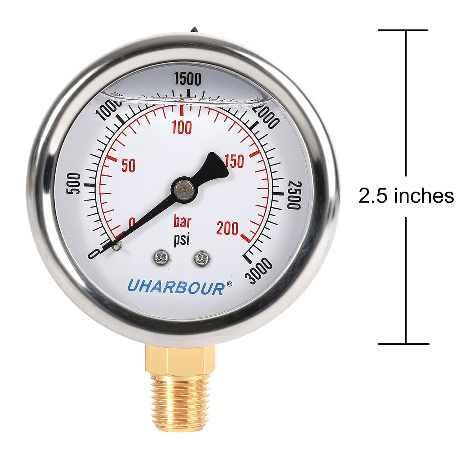 Glycerin Filled Pressure Gauge 3000psi/200bar, Stainless Steel case, Brass Inside Construction, 2-1/2" dial, 1/4" NPT Rear Connection.