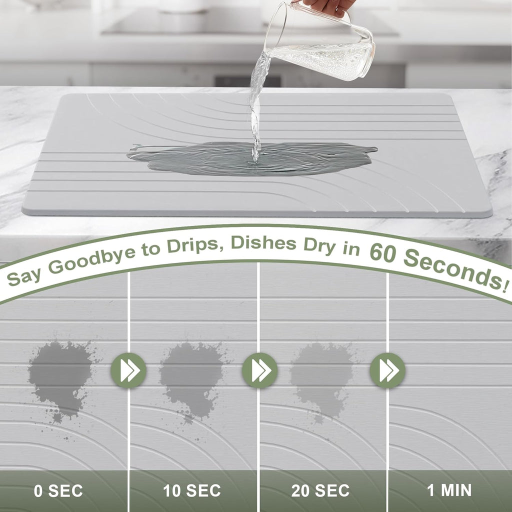 Large Stone Drying Mat for Kitchen Counter, 24" × 16" Diatomite Dish Drying Mat, Quick Dry Stone Mats, Ultra Absorbent Natural Diatomaceous Earth Mats for Dished, Bottles, Light Grey