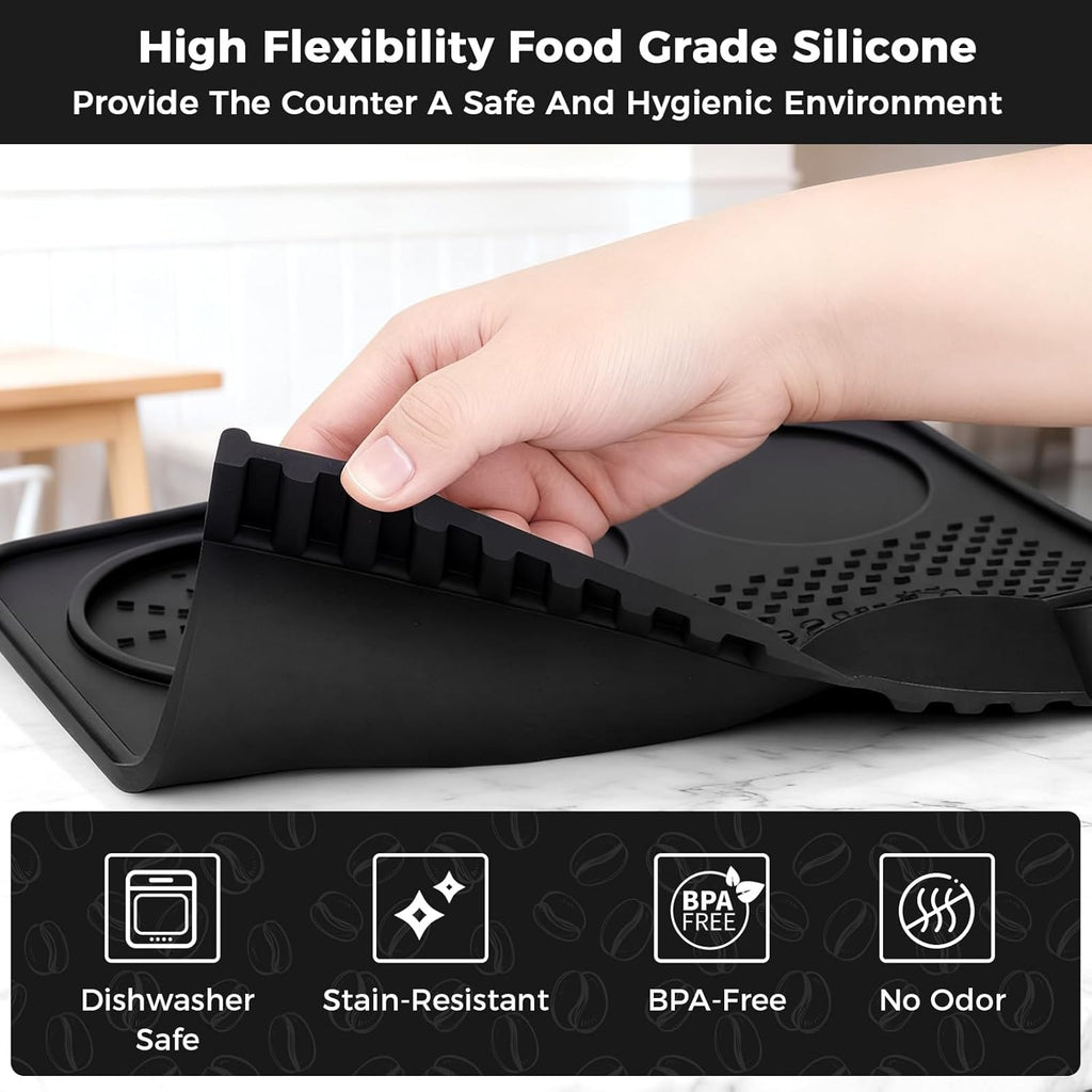 Food Grade Silicone Espresso Tamping Mat for Counter – Waterproof Non-Slip Coffee Tamper Mat for Barista Espresso Machine Accessories – Multi-Slot Tamp Station Espresso Mat for Countertop Black