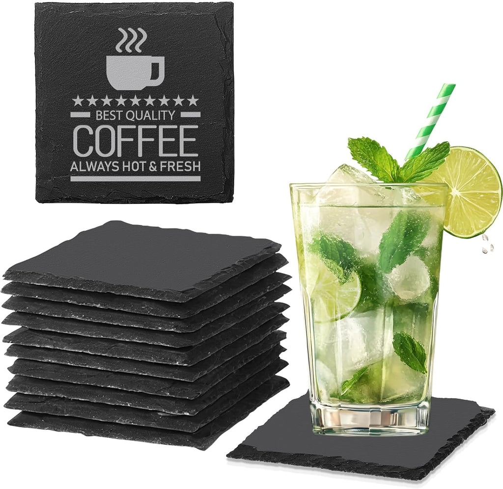 12 PCS Slate Coasters Black Square 4 Inch Bulk Rock, Blank Laser Engraving, Scratch Resistant Bottom, Home Office Kitchen Gift Wedding Bar Party (12 PCS Square Coasters)