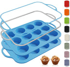 2 Packs 12 Cups Silicone Muffin Pan with Metal Reinforced Frame Regular Size Cupcake Pan Tray Egg Bites Silicone Circle Cookie Molds Muffin Tin Tart Pans Baking Sheet Set for Breakfast Sandwiches