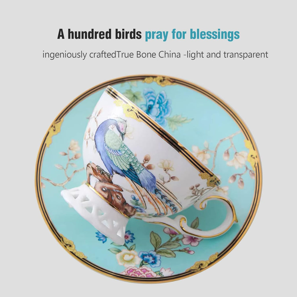 ACMLIFE Fine Bone China Tea Set with Teapot, Porcelain Tea Sets for Adults, 21-Piece Vintage Tea Set for 6, 24K Gold Blue English Floral British China Tea Sets for Women Tea Party for Gifts