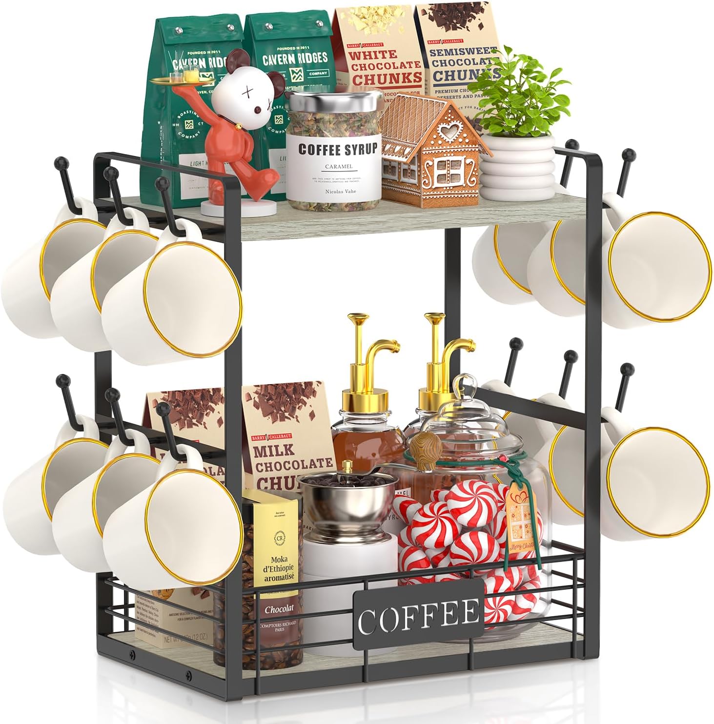 EsLuker.ly Coffee Mug Cup Holder Stand Bar Station Organizer for Countertop, Multi-Functional 2 Tier Mug Tree Rack for Kitchen, Storage Shelf with 12 Hooks, Light Grey-Black(Patented Design)