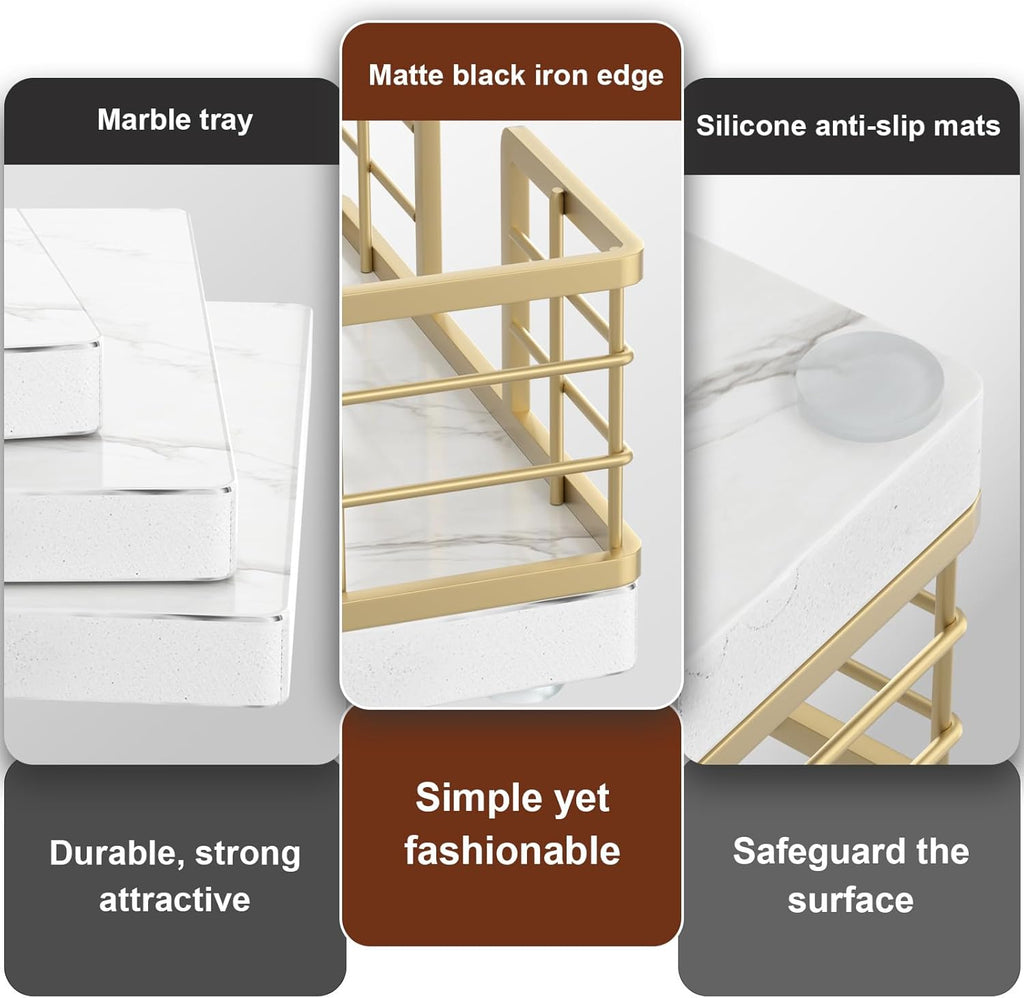 Wican Marble Guest Towel Holder Tray for Bathroom, Napkins Holder for Powder Room Dinning Table Wooden Basket for Disposable Paper Hand Towels Gold and Marble White