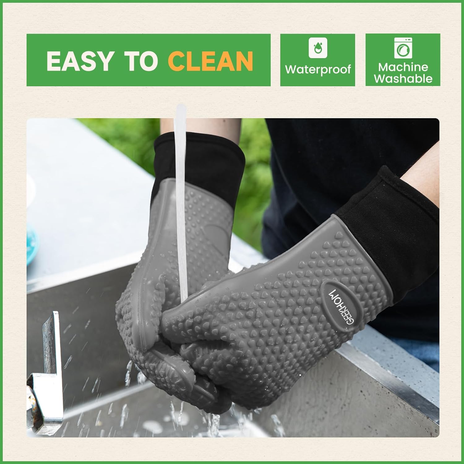 GEEKHOM BBQ Gloves Heat Resistant Oven Mitts - Silicone Grilling Gloves with 13.7" Arm Protection - Waterproof Pot Holder Non-Slip for Men & Women, Kitchen Outdoor Cooking, Baking, Camping, Light Gray