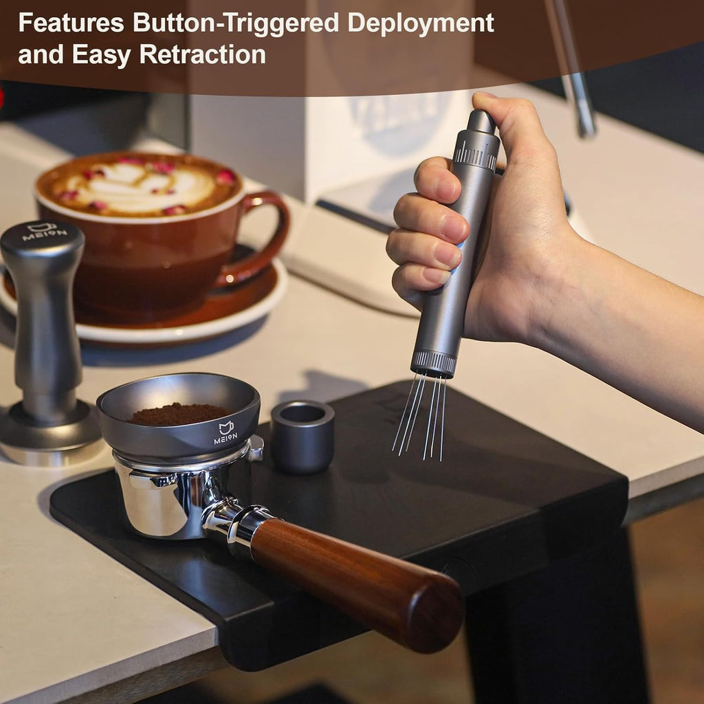 MEION Retractable WDT Espresso Distribution Tool Espresso Stirrer Tools, 0.35mm 6 Needles Coffee Distributor with Extra 6 Replaceable Needles, Espresso Machine Accessories for Barista (Silver, V2)