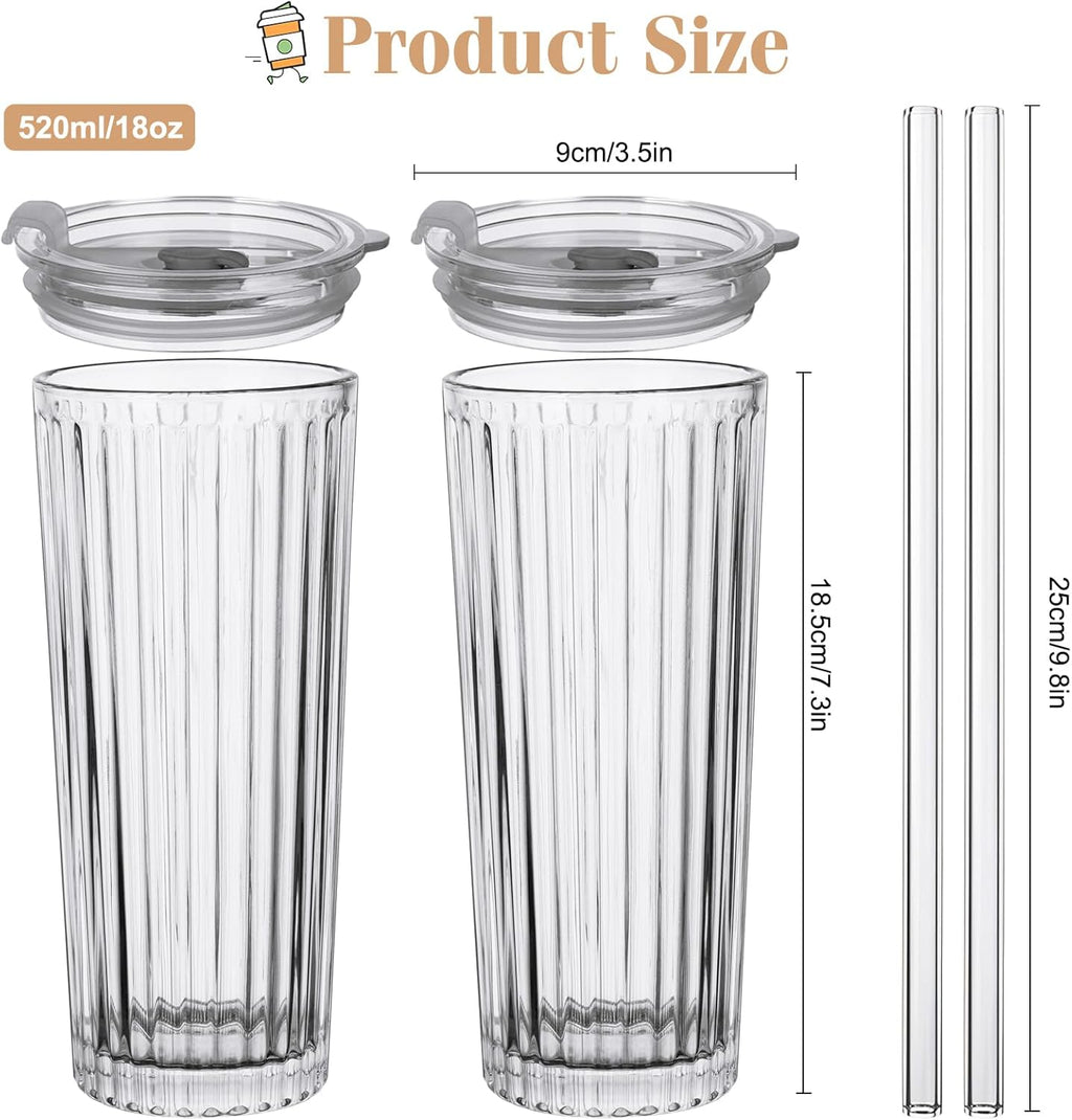 18oz Ribbed Glass Tumbler with Lid and Straw Set of 2: Leak-Proof Drinking Glasses to Go, Reusable Iced Coffee Cups for Cold Drinks, Juice, Smoothie, Glass Cups with Stylish Ribbed Design