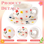 Ceramic Coffee Mug Vintage Flower Mugs 8 oz Cute Floral Coffee Mugs Irregular Latte Art Cup Lead-free Porcelain Cups for Cappuccino, Cocoa (Blue and Pink Mug with Saucers)