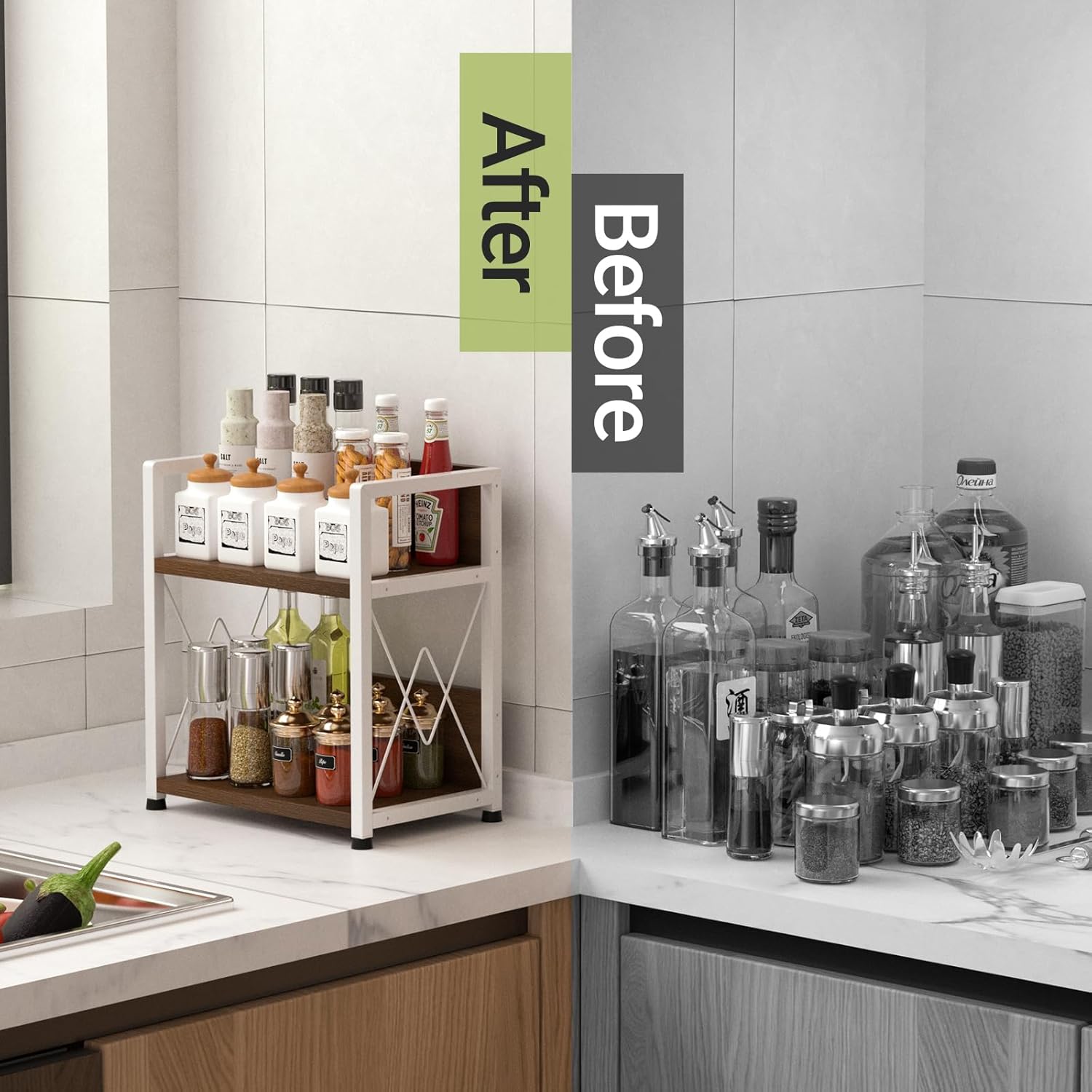 Aduanbang Coffee Bar Accessories Organizer, 2 Tier Wooden Kitchen Counter Shelf, Coffee Organizer Station for Countertop, Condiment Rack for Mugs, Cups, Cream, Syrup