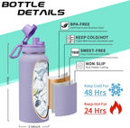 Insulated Water Bottle 32 oz - with Straw & Pop-up Spout Lid, Paracord Handle, Carrier Shoulder Strap, Protective Boot, Wide Mouth Double Walled Vacuum Insulated Gym Water Bottle for Women