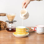 Selamica Ceramic Cappuccino Cups with Saucers and Metal Stand, 8 OZ Stackable Espresso Coffee Cups for Coffee, Latte, Americano, Tea, Set of 4, Assorted Colors