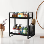 Bathroom Counter Organizer, Wood Vanity Trays with Basket, Skincare Countertop Organizers, Large Capacity Makeup and Perfume Organizer