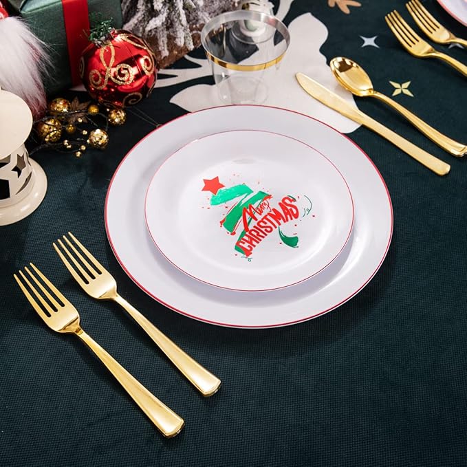 KIRE 25 Guest Christmas Plates - White & Green Tree Plastic Plates & Gold Disposable Utensils & Clear Gold Cups for Christmas Parties