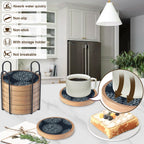 Wood Coasters Set of 8 with Holder, Cewiru Cup Mat for Drinks, Absorbent Coasters with Felt Insert for Coffee Table Protection, Modern Style Home Dining Table Decor, 4.3" Black