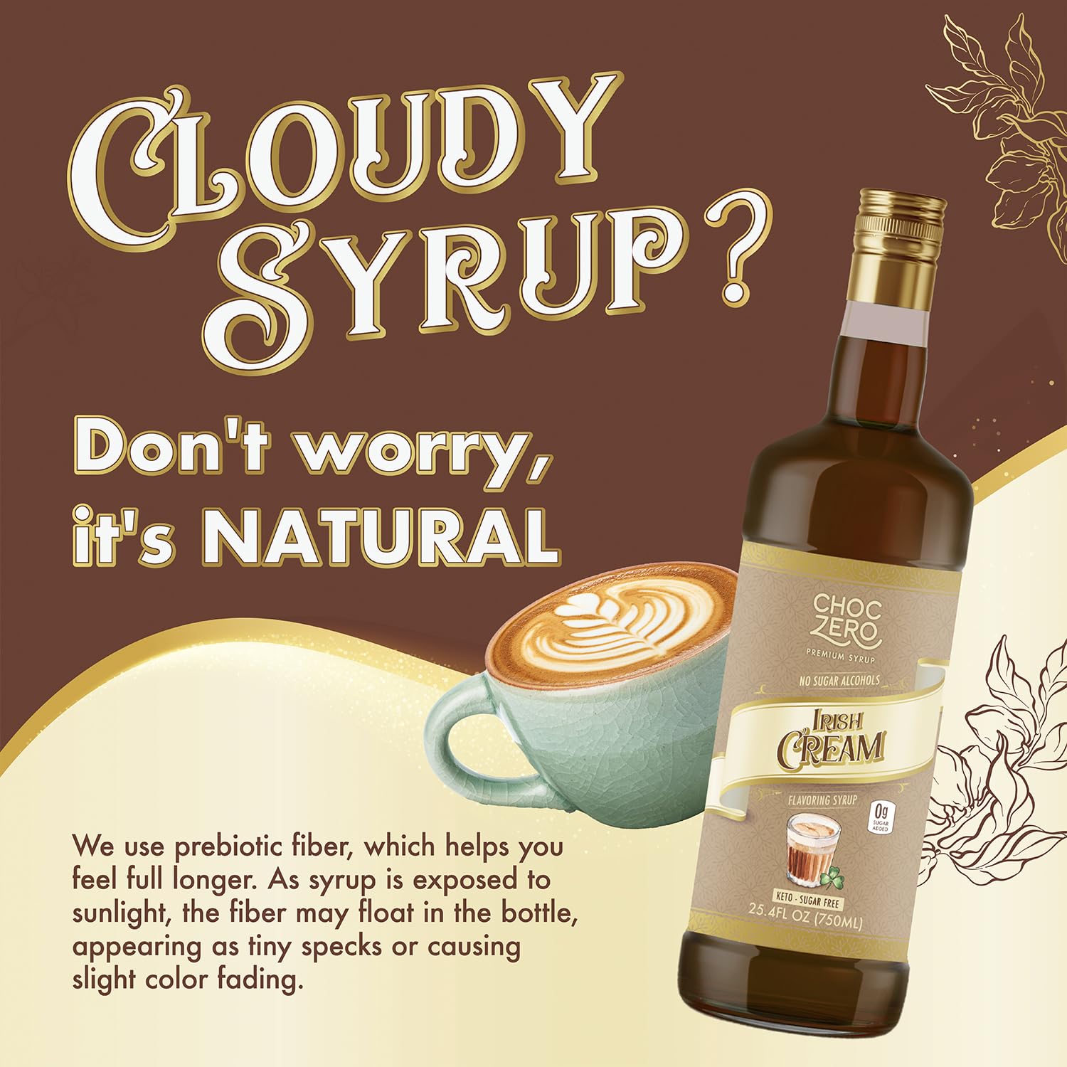 ChocZero Sugar Free Coffee Syrup, Irish Cream Flavor, Simple Syrup Drink Mix, Mudslide Cocktails, Protein Shakes & Baking, Gluten Free, All Natural, 25.4 Ounces (Pack of 1)