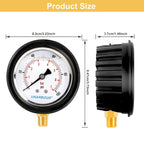 Water Pressure Gauge 2-1/2" Dial Liquid Filled 0-200PSI, Rubber Protective Case, 1/4" Brass Lower Mount, Including 1/4" to 1/8" Thread Adapter and Teflon Tape