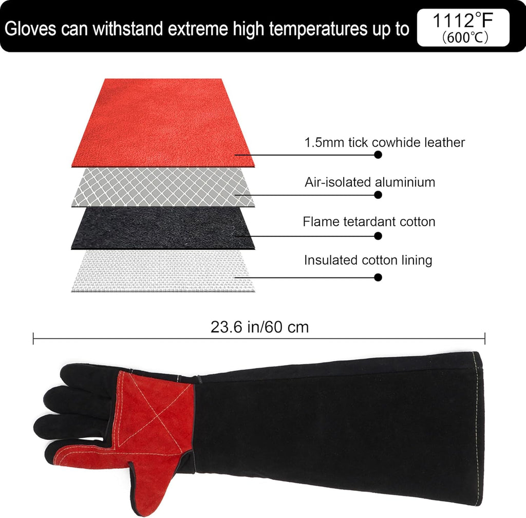 Long Welding Gloves 23.6 Inches 932℉,Heat/Fire Resistant Leather For Mig, Tig, Stick, Forge, BBQ, Grill, Fireplace
