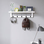 SMIBUY Coat Hooks with Shelf Wall-Mounted, 29.2 Inch Entryway Coat Rack for Wall, Bamboo Hanging Shelf with 5 Double Metal Hooks for Bathroom, Bedroom, Kitchen, Living Room (White + Black)