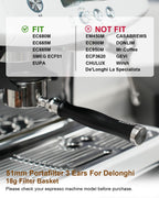 51mm Bottomless Portafilter 3 Ears Compatible with Delonghi Dedica EC680/EC685/EC885 and SMEG, EUPA Espresso Machines, Espresso Naked Bottomless Portafilter with Puck Screen and 18g Filter Basket
