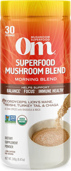 OM MUSHROOM SUPERFOOD Morning Energy Blend Mushroom Powder Drink, 8.47 Ounce Canister, Coffee Free Energy Drink with Cordyceps, Vitamin D2, Agaricus Bisporus, Lion's Mane, Rhodiola, and Turkey Tail