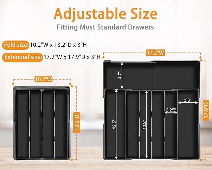 Homecor Silverware Organizer - Expandable Kitchen Drawer Organizer, 3" High Utensil Holder, BPA Free Flatware and Cutlery Tray for Spoons Forks Knives, Plastic Kitchen Organizer and Storage, Black