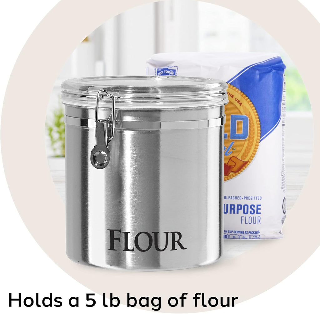 Oggi Jumbo 8" Stainless Steel Flour Clamp Canister - Airtight Food Storage Container Ideal for Kitchen & Pantry Storage of Flour or other Bulk, Dry Foods.