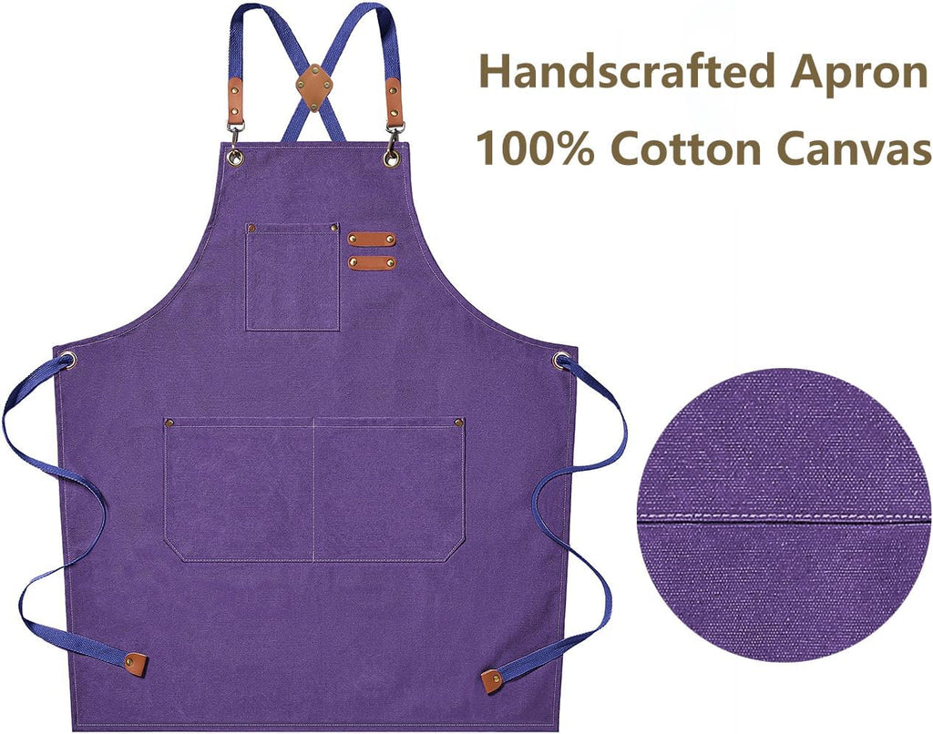 AFUN Chef Aprons for Men Women with Large Pockets, Cotton Canvas Cross Back Heavy Duty Adjustable Work Apron, Size M to XXL (Purple)