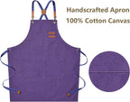 AFUN Chef Aprons for Men Women with Large Pockets, Cotton Canvas Cross Back Heavy Duty Adjustable Work Apron, Size M to XXL (Purple)