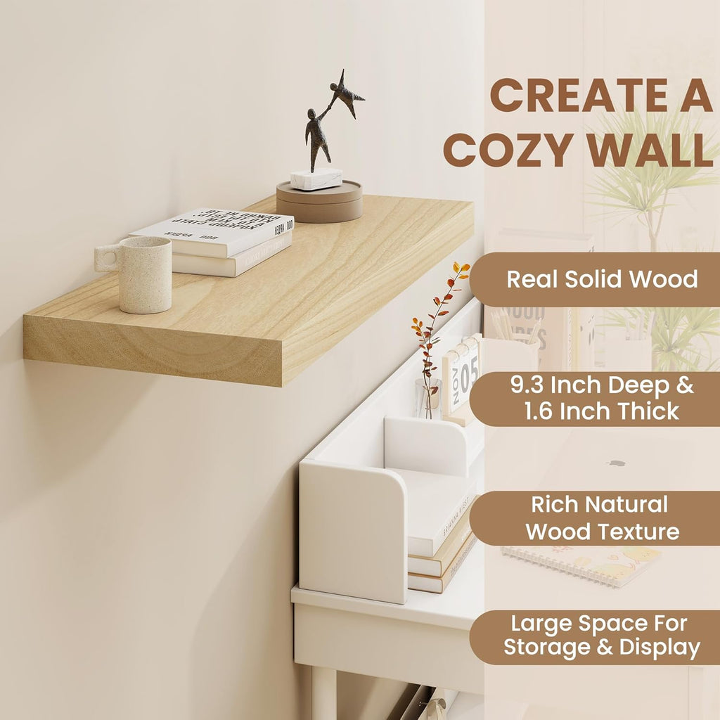 Fun Memories Deep Floating Shelves, Solid Wood Floating Shelves Wall Mounted, 9.3" Deep Wall Shelf for Living Room, Bedroom, 36 x 9 Large Floating Shelf for Books, Burlywood, Set of 2