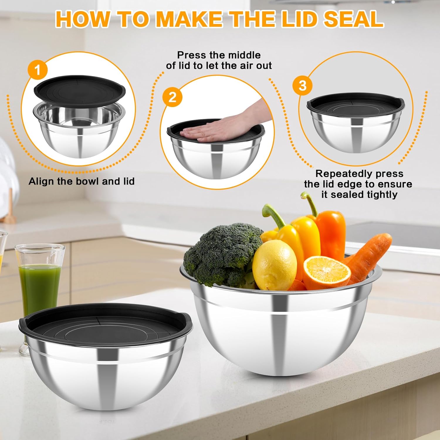 7 Piece Metal Mixing Bowls with Lids Set, Stainless Steel Nesting Design Salad Mixing Bowl Set for Kitchen Cooking, Baking, Prepping and Serving Food (Size 0.7, 1.1, 1.5, 2.1, 3.5, 4, 4.5QT)