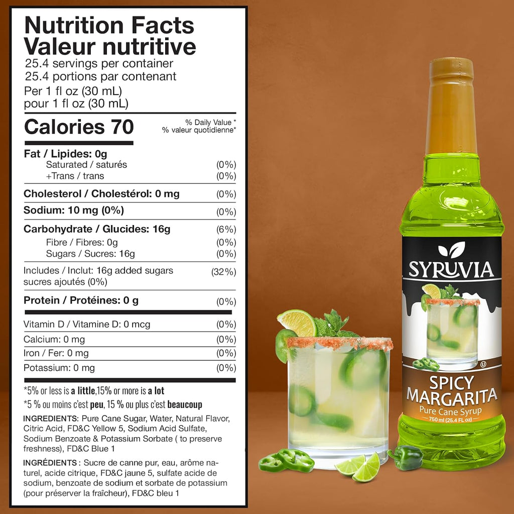 Syruvia Spicy Margarita Mix Syrup For Drinks 25.4 Oz. - Kosher & Gluten Free, No Coloring, Perfect for Drinks, Soda, Shakes, Desserts, and More.