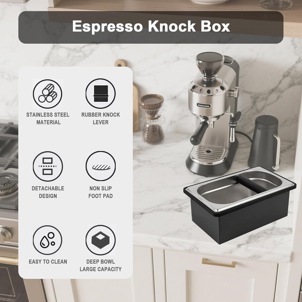 Espresso Knock Box, Coffee Knock Box for Espresso Grounds Disposal, Large Capacity, Equipped with Noise, Reduction Rubber Ring & Steel Holder, Ideal Tool for Espresso Machines, Black (Large)
