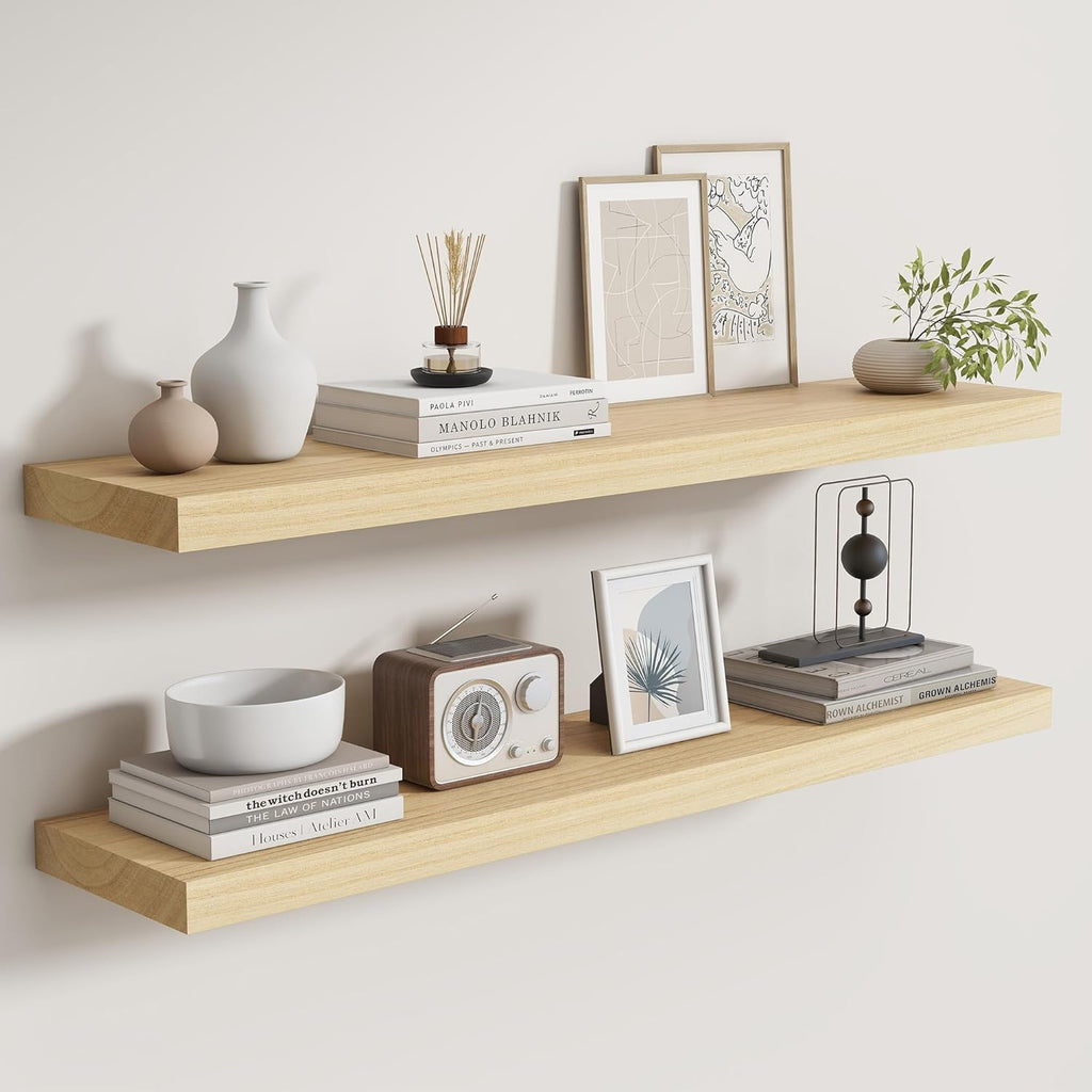 Fun Memories Rustic Real Wood Floating Shelves, 8 Inch Deep Floating Shelf Wall Mounted, 36" W x 8" D Wall Shelves Storage Shelves for Living Room, Bedroom, Bathroom, Burlywood, Set of 2