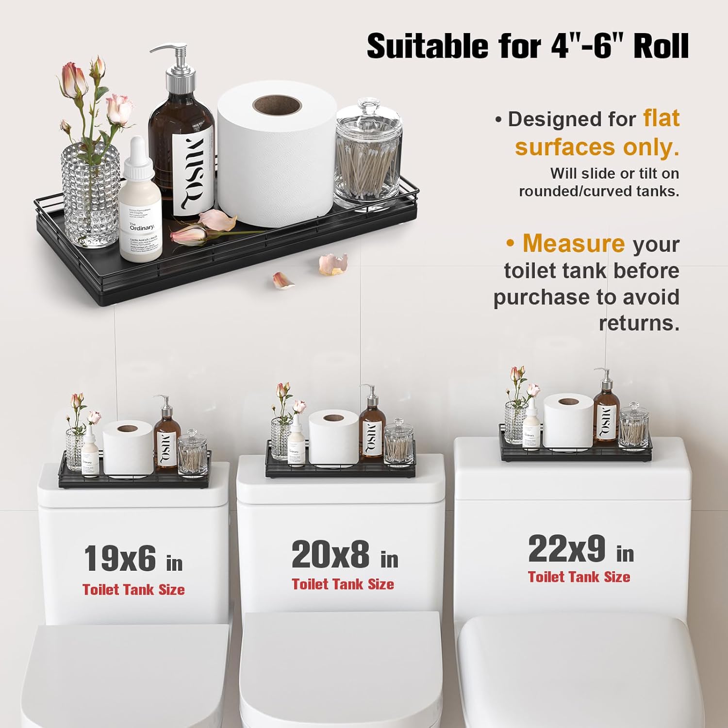 Oak Bathroom Toilet Tank Tray, 13" Wood Toilet Paper Storage Basket Back of Toilet Basket Organizer, Vanity Tray for Perfume Makeup Candle Kitchen Counter Coffee Table Black Tray Decor