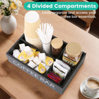 Coffee Bar Organizer – Wooden Coffee Station with 4 Compartments, Removable Dividers, and Condiment Storage for Home & Office