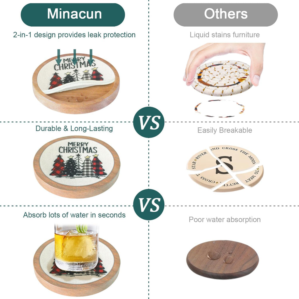 Christmas Tree Coasters for Drinks, Minacun Absorbent Coaster Set of 5, White Elephant Gifts, Secret Santa Gifts, Xmas Decor, Drinks Coasters for Coffee Tabletop Protection, 4.3 Inches