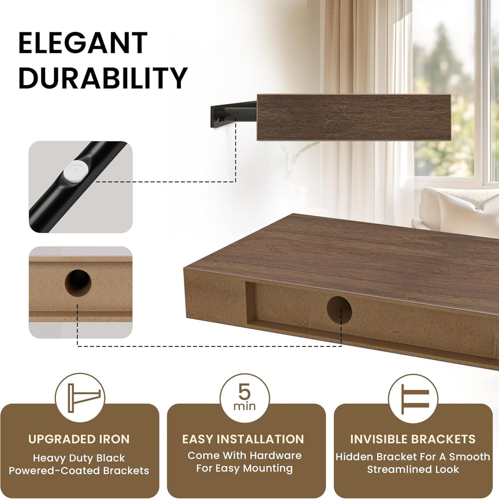 Square Floating Shelves for Wall, 12" W x 12" D x 1.2" H, Small Wooden Wall Mounted Display Shelves with Invisible Brackets for Living Room, Bedroom, Bathroom, Kitchen Decor, Set of 3, Walnut