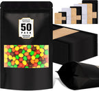Jetmore-50pack-Smell-Proof-Bag, Reusable Zip Lock Bags with Window, Resealable Stand Up Packaging Bags, Brown Paper Pouches for Coffee, Tea, Herbs, Spice, Snack, Baked Goods, Goodie Bags