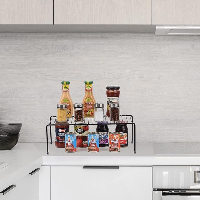 Large Cabinet Storage Shelf Rack (16.1 x 10.2 Inch), Kitchen Counter Organizer, Fridge and Bathroom Cupboard Storage Rack (Black, 2)